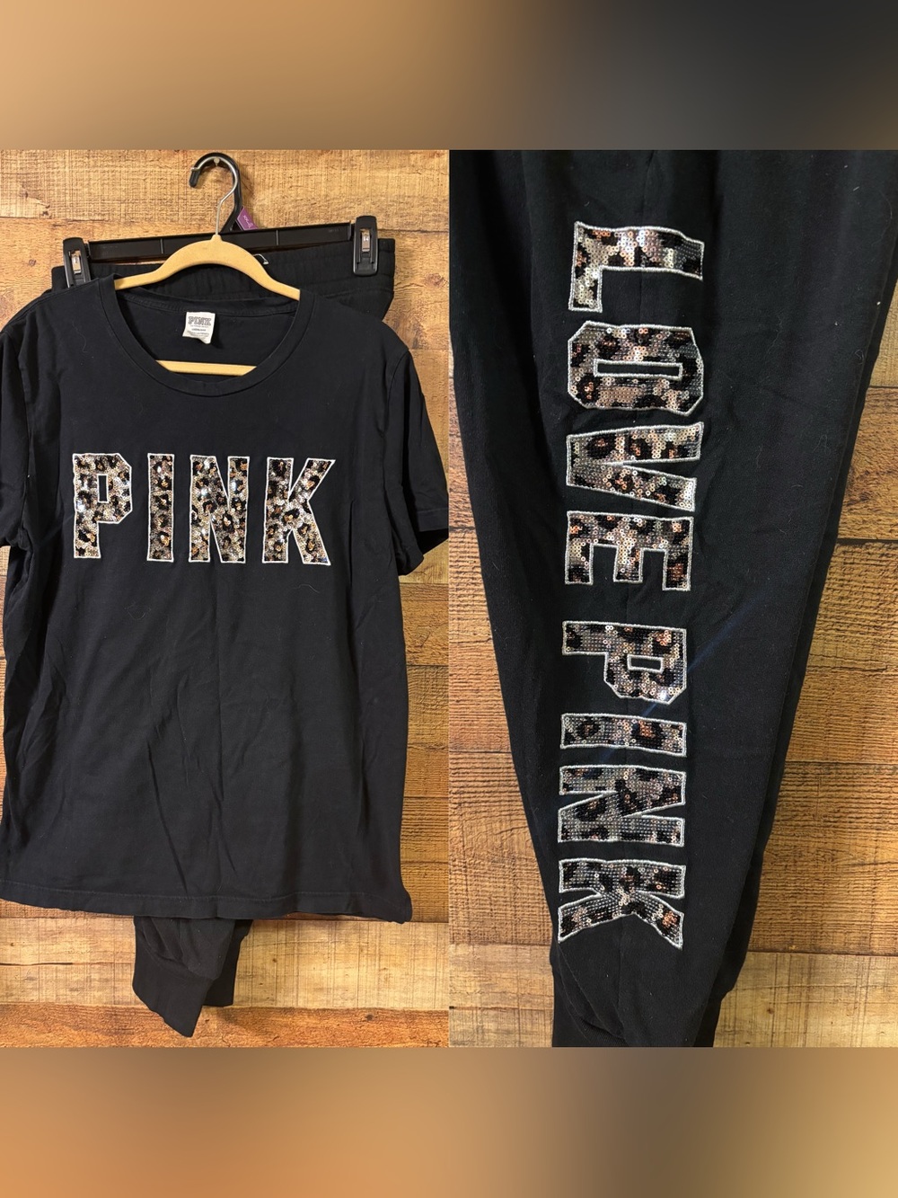 Victoria's Secret PINK Black Sequin Logo Sweatsuit Set